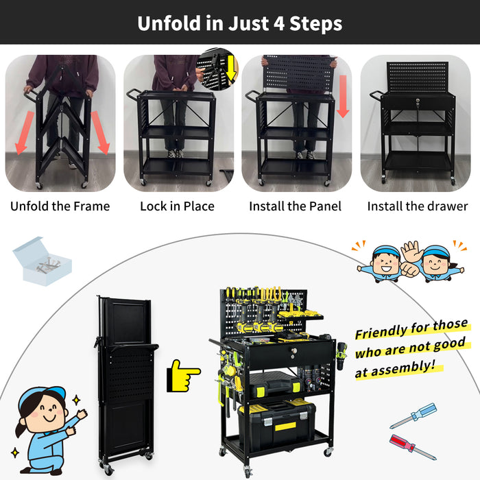 Lumizone Tool Cart Utility cart 3-Tier Foldable Tool cart on wheels DIY Use Tool organization Tool Storage Weight Capacity of 330 lbs Mobility Transport Garage organizers and storage