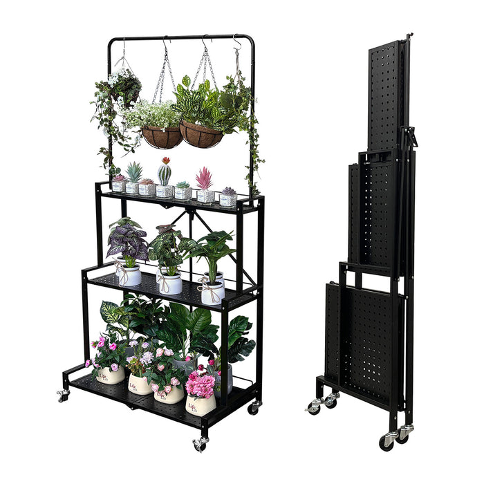 Lumizone 4-Tier Plant Stand Indoor Outdoor Hanging Plant Shelf Foldable No Assembly Required Pot Placement Area With Wheels High Load Capacity Sturdy Fall Prevention Storage Shelf Flower Pot Stand