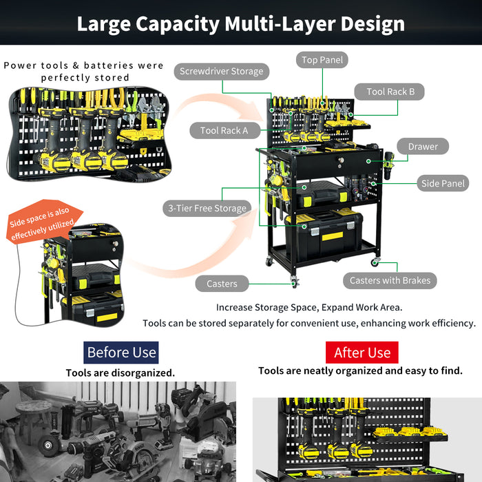Lumizone Tool Cart Utility cart 3-Tier Foldable Tool cart on wheels DIY Use Tool organization Tool Storage Weight Capacity of 330 lbs Mobility Transport Garage organizers and storage