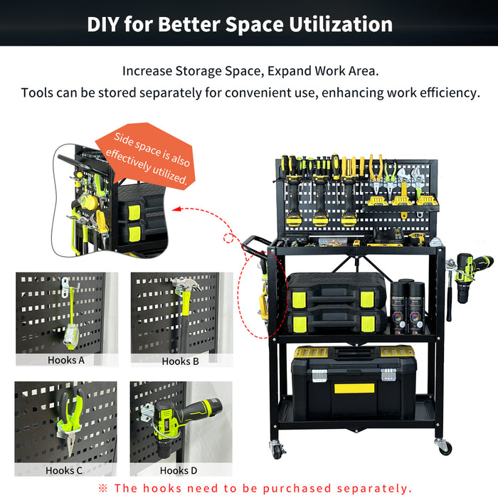 Lumizone Tool Cart Utility cart 3-Tier Foldable Tool cart on wheels DIY Use Tool organization Tool Storage Weight Capacity of 330 lbs Mobility Transport Garage organizers and storage