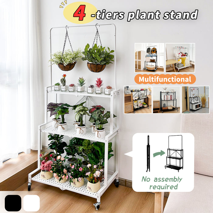 Lumizone 4-Tier Plant Stand Indoor Outdoor Hanging Plant Shelf Foldable No Assembly Required Pot Placement Area With Wheels High Load Capacity Sturdy Fall Prevention Storage Shelf Flower Pot Stand