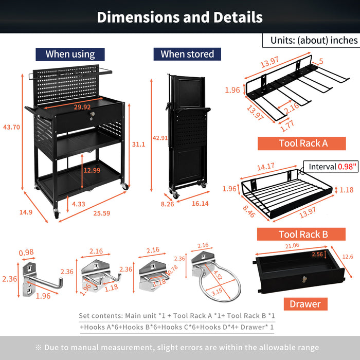 Lumizone Tool Cart Utility cart 3-Tier Foldable Tool cart on wheels DIY Use Tool organization Tool Storage Weight Capacity of 330 lbs Mobility Transport Garage organizers and storage