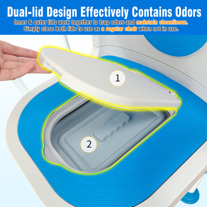 Lumizone Portable Toilet Chair for Elderly Adjustable Bedside Commode with Armrests  & Sliding Bucket 5-Level Height Odor-Proof Double Lid Non-Slip Feet Supports 220 lbs, Lightweight for Home/Travel