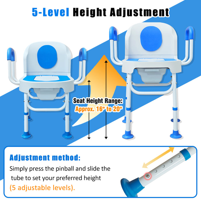Lumizone Portable Toilet Chair for Elderly Adjustable Bedside Commode with Armrests  & Sliding Bucket 5-Level Height Odor-Proof Double Lid Non-Slip Feet Supports 220 lbs, Lightweight for Home/Travel