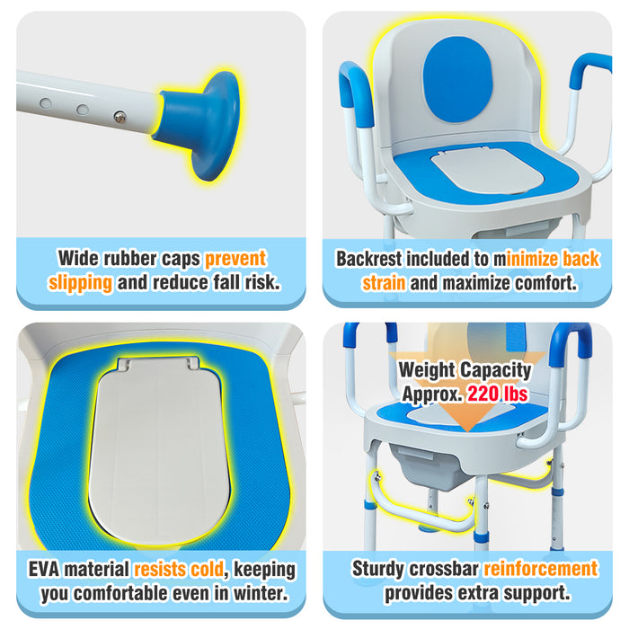 Lumizone Portable Toilet Chair for Elderly Adjustable Bedside Commode with Armrests  & Sliding Bucket 5-Level Height Odor-Proof Double Lid Non-Slip Feet Supports 220 lbs, Lightweight for Home/Travel