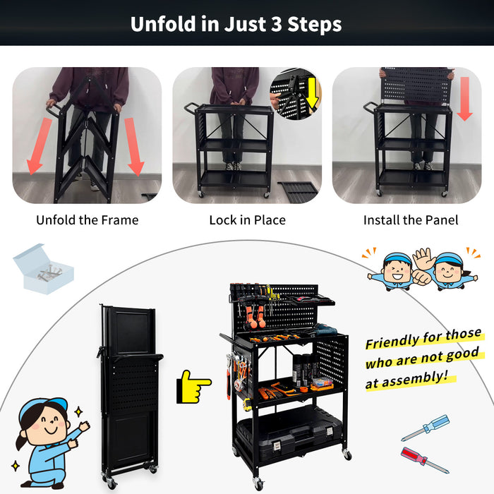 Lumizone Tool Cart Utility cart 3-Tier Foldable Tool cart on wheels DIY Use Tool organization Tool Storage Weight Capacity of 330 lbs Mobility Transport Garage organizers and storage