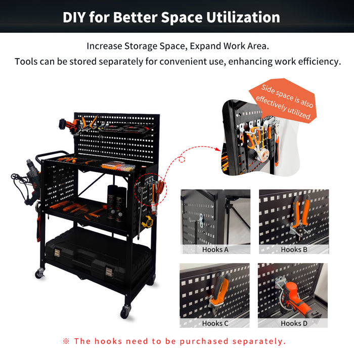 Lumizone Tool Cart Utility cart 3-Tier Foldable Tool cart on wheels DIY Use Tool organization Tool Storage Weight Capacity of 330 lbs Mobility Transport Garage organizers and storage