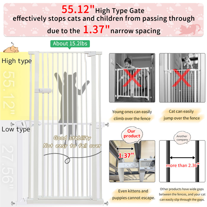 Lumizone Extra Tall Cat Gate 55.12" High Pressure Mounted Extra Wide 2025 New (17 Sizes) 1.37" Gap No Drilling Auto-Close One-Handed Operation Tall Pet Gate for Dogs