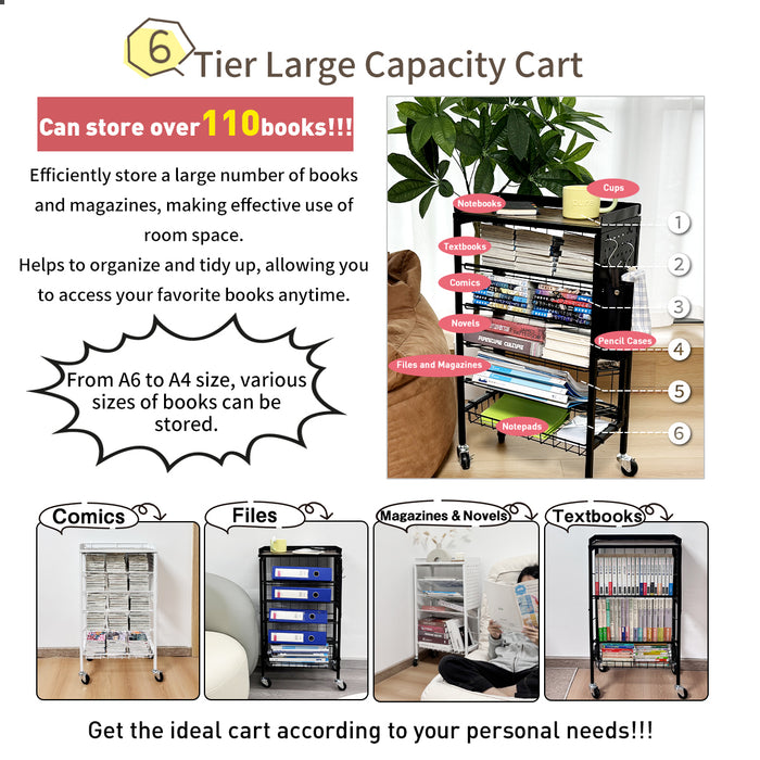 Lumizone Foldable Book Cart 6-Tier Large Capacity Bookshelf Single Sided V-Shaped Sloped Shelves With brake Wheels With PegBoard Slim Rolling Utility Cart Storage Rack, Home Shelves and Office