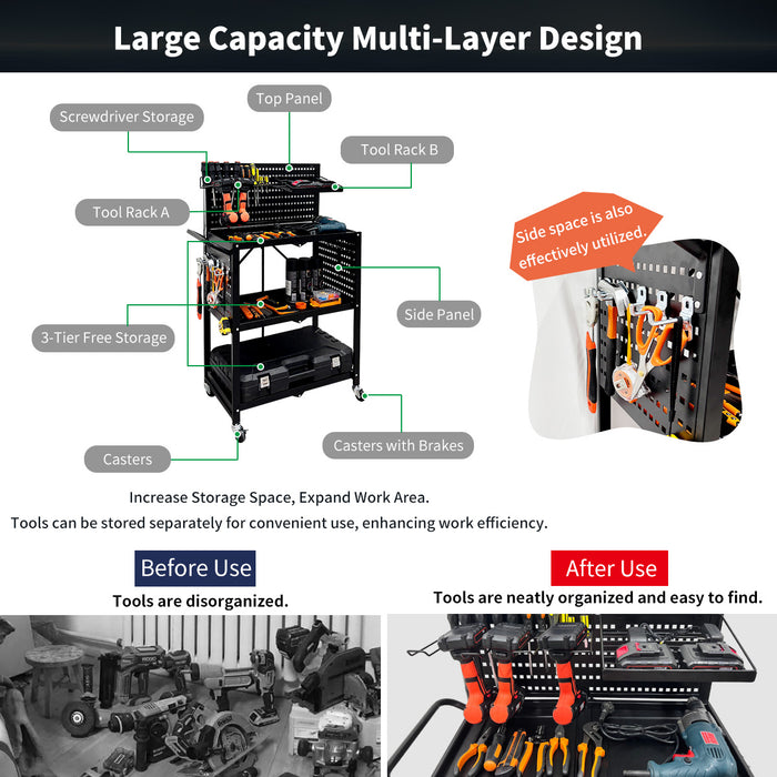 Lumizone Tool Cart Utility cart 3-Tier Foldable Tool cart on wheels DIY Use Tool organization Tool Storage Weight Capacity of 330 lbs Mobility Transport Garage organizers and storage