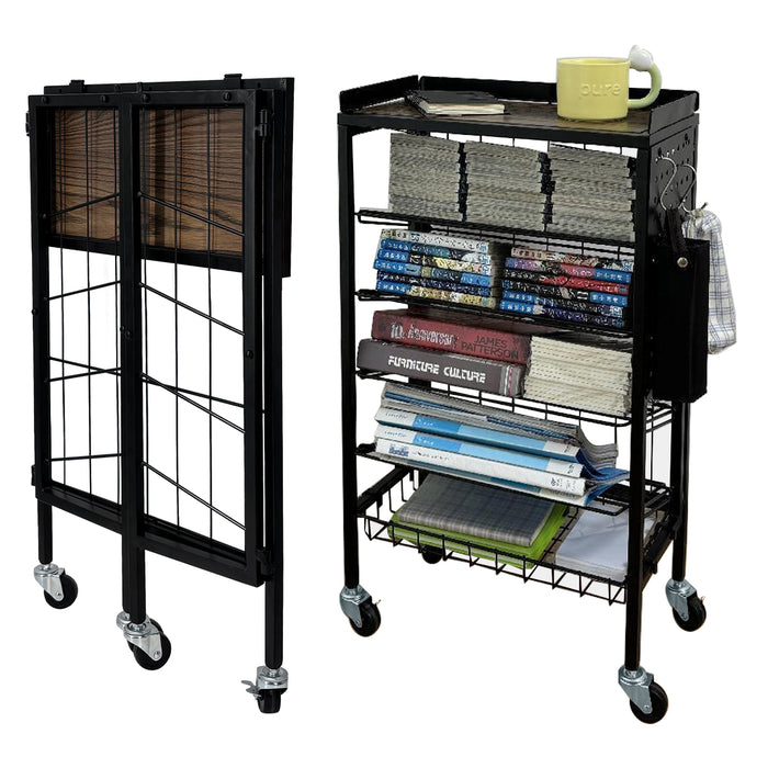 Lumizone Foldable Book Cart 6-Tier Large Capacity Bookshelf Single Sided V-Shaped Sloped Shelves With brake Wheels With PegBoard Slim Rolling Utility Cart Storage Rack, Home Shelves and Office