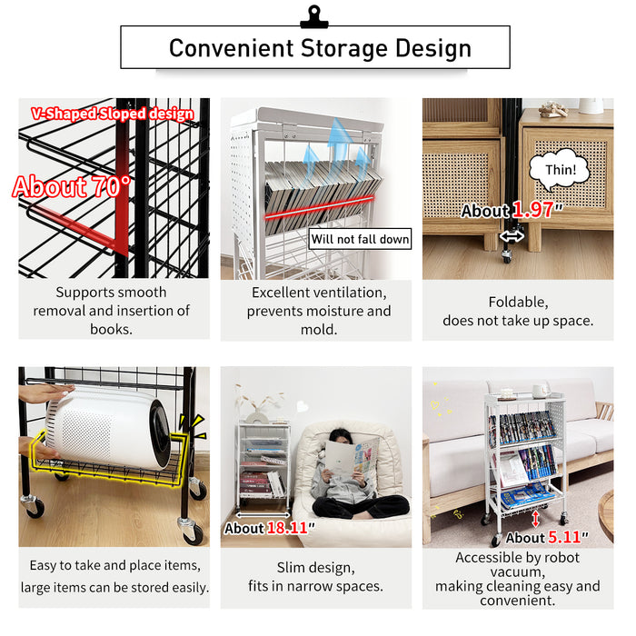 Lumizone Foldable Book Cart 6-Tier Large Capacity Bookshelf Single Sided V-Shaped Sloped Shelves With brake Wheels With PegBoard Slim Rolling Utility Cart Storage Rack, Home Shelves and Office