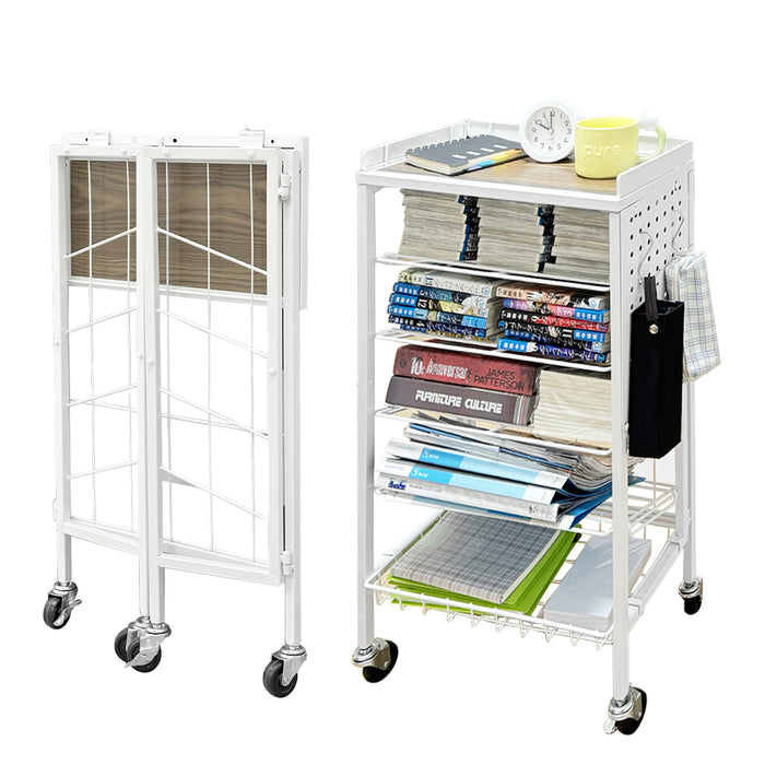 Lumizone Foldable Book Cart 6-Tier Large Capacity Bookshelf Single Sided V-Shaped Sloped Shelves With brake Wheels With PegBoard Slim Rolling Utility Cart Storage Rack, Home Shelves and Office