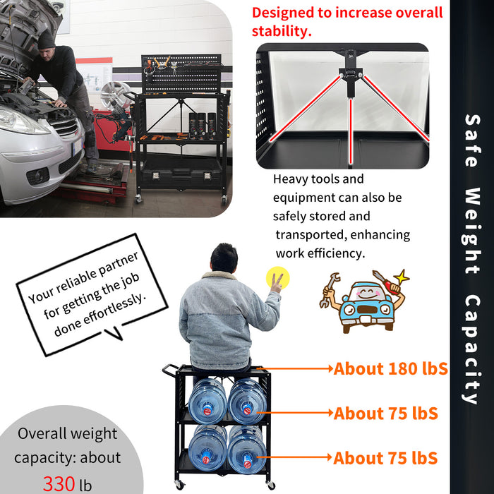 Lumizone Tool Cart Utility cart 3-Tier Foldable Tool cart on wheels DIY Use Tool organization Tool Storage Weight Capacity of 330 lbs Mobility Transport Garage organizers and storage