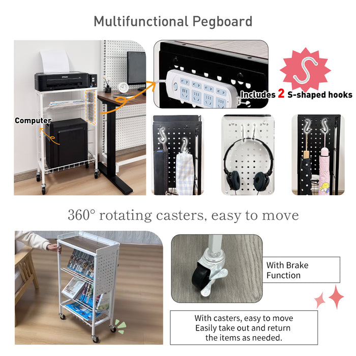 Lumizone Foldable Book Cart 6-Tier Large Capacity Bookshelf Single Sided V-Shaped Sloped Shelves With brake Wheels With PegBoard Slim Rolling Utility Cart Storage Rack, Home Shelves and Office