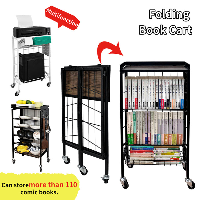 Lumizone Foldable Book Cart 6-Tier Large Capacity Bookshelf Single Sided V-Shaped Sloped Shelves With brake Wheels With PegBoard Slim Rolling Utility Cart Storage Rack, Home Shelves and Office