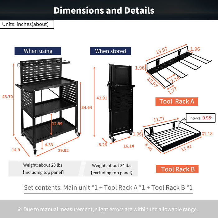 Lumizone Tool Cart Utility cart 3-Tier Foldable Tool cart on wheels DIY Use Tool organization Tool Storage Weight Capacity of 330 lbs Mobility Transport Garage organizers and storage